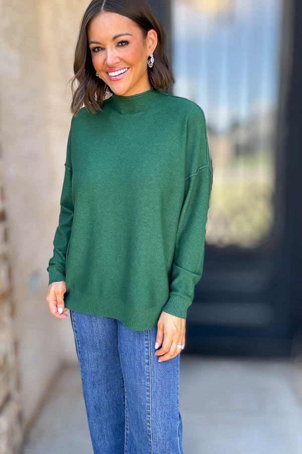 Viscose Heathered Dark Green Mock Neck Exposed Seam Sweater
