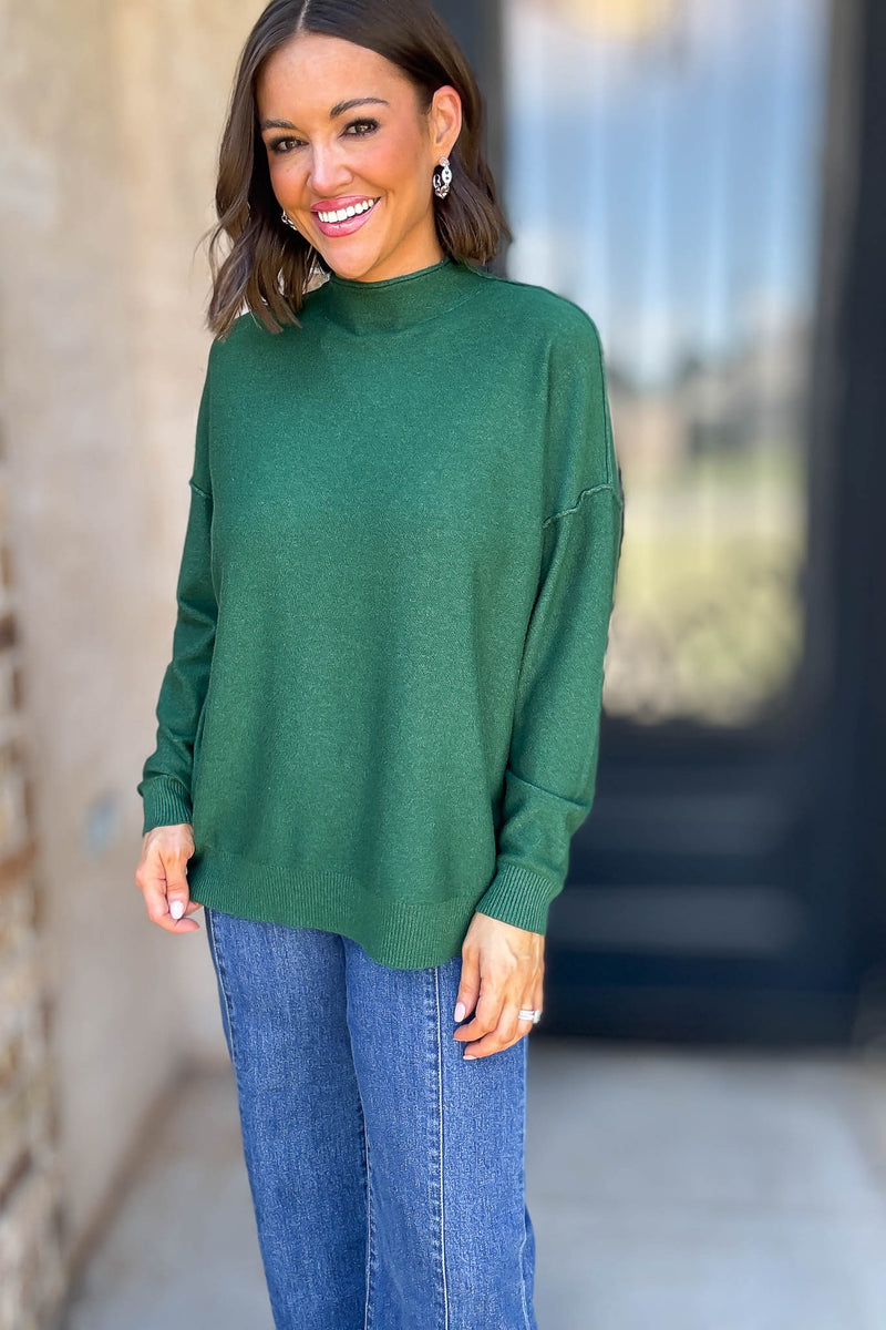 Viscose Heathered Dark Green Mock Neck Exposed Seam Sweater