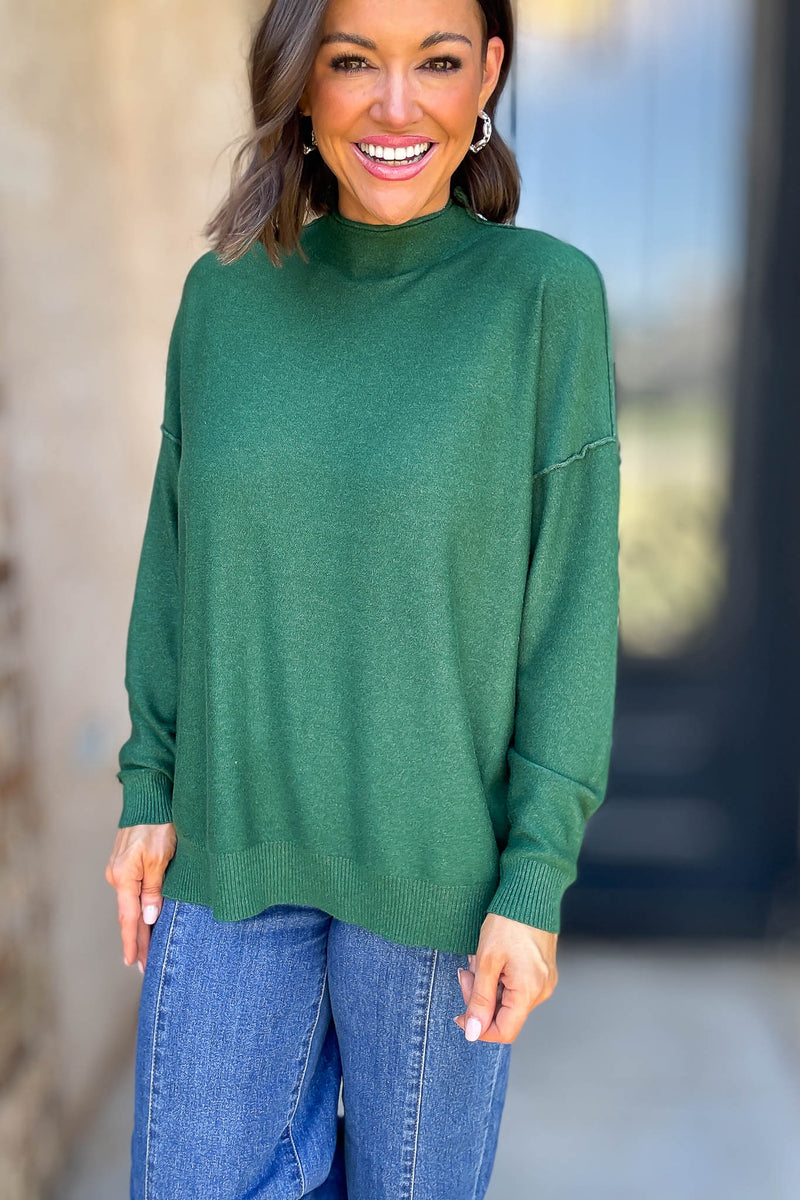 Viscose Heathered Dark Green Mock Neck Exposed Seam Sweater
