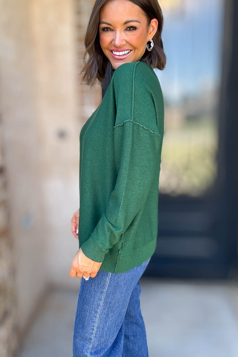 Viscose Heathered Dark Green Mock Neck Exposed Seam Sweater