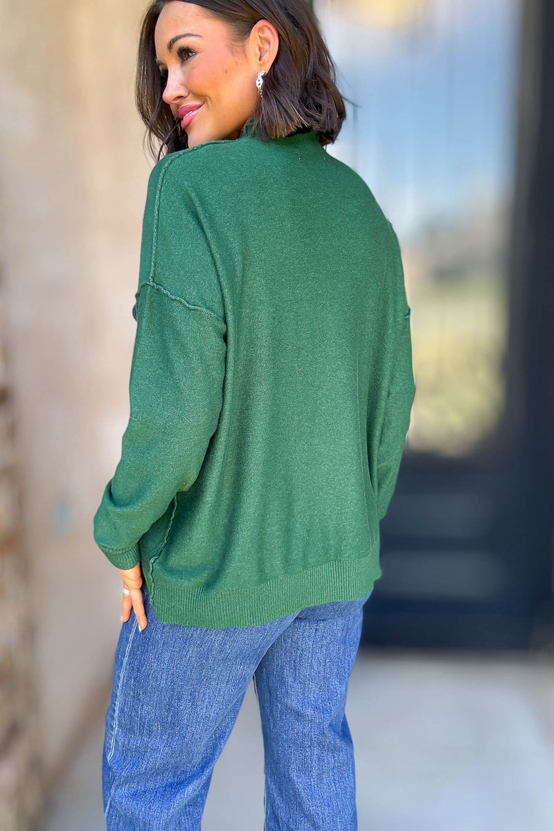 Viscose Heathered Dark Green Mock Neck Exposed Seam Sweater