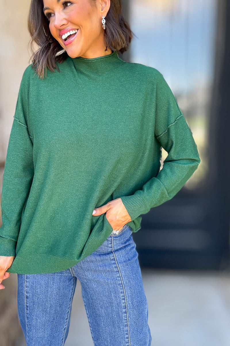 Viscose Heathered Dark Green Mock Neck Exposed Seam Sweater