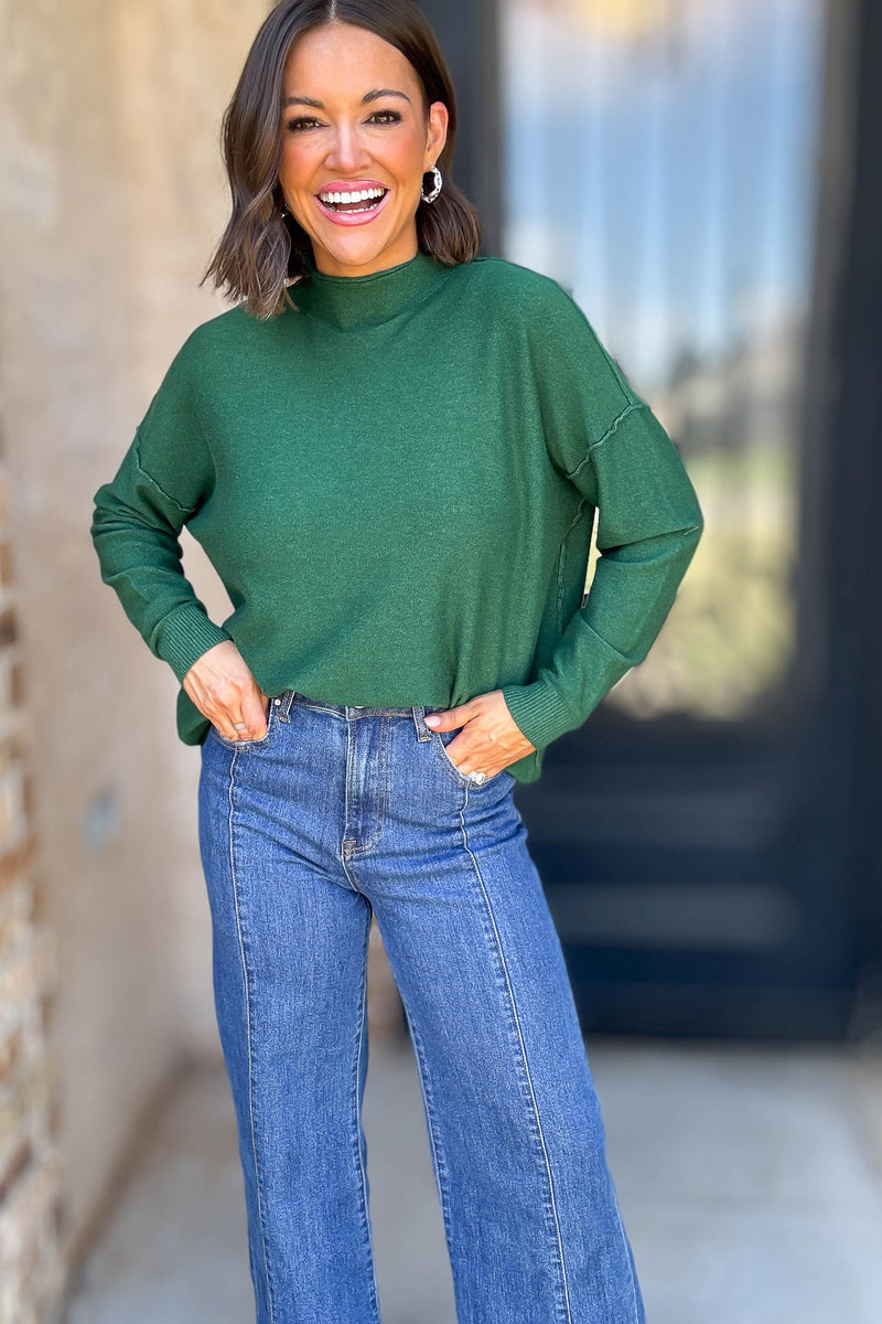 Viscose Heathered Dark Green Mock Neck Exposed Seam Sweater