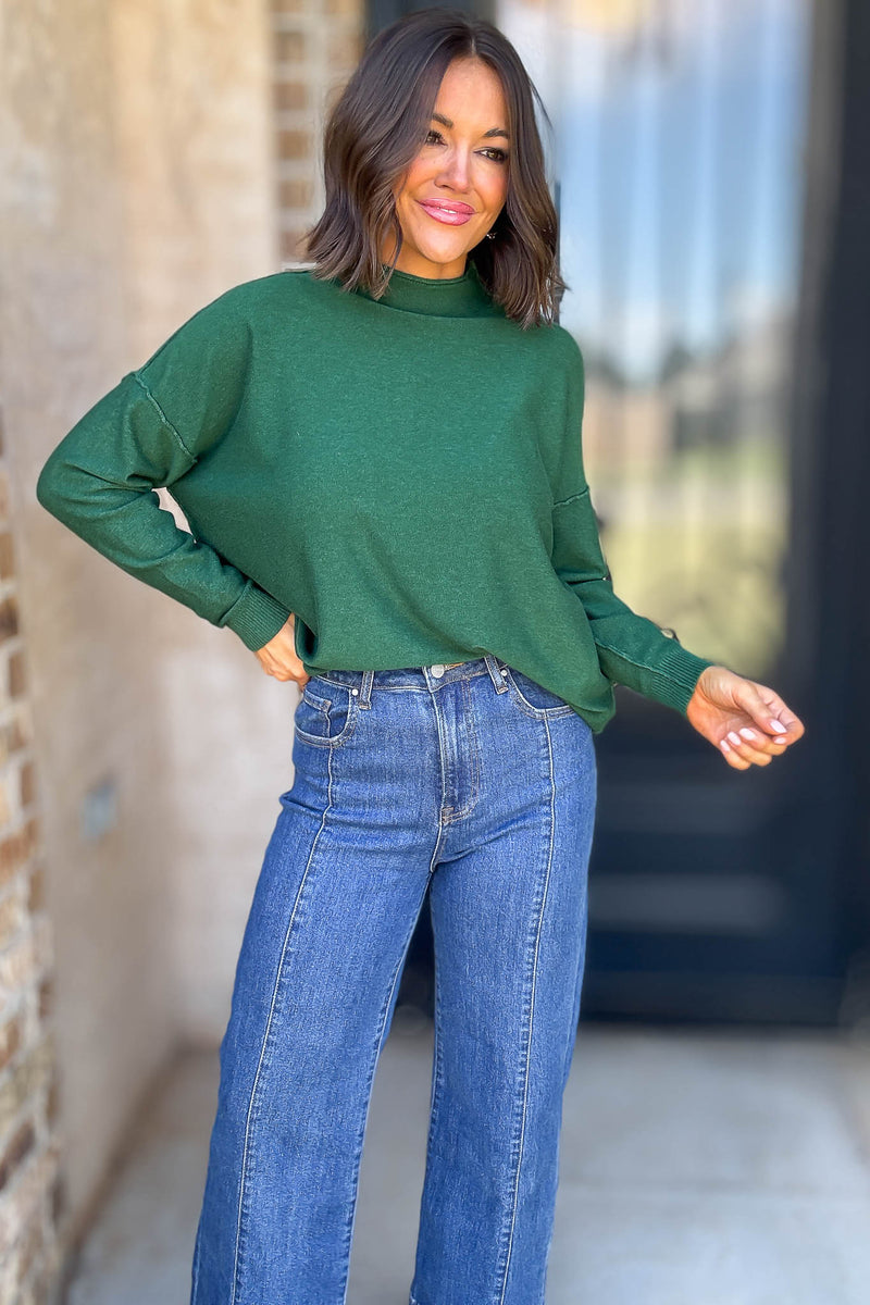 Viscose Heathered Dark Green Mock Neck Exposed Seam Sweater