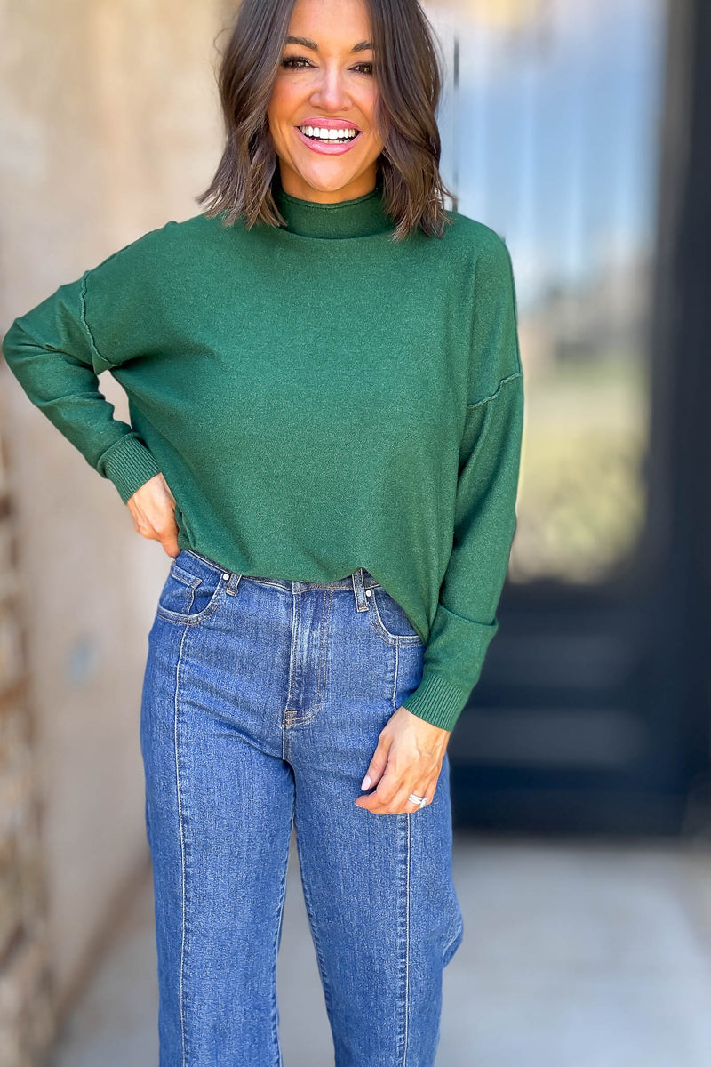 Viscose Heathered Dark Green Mock Neck Exposed Seam Sweater