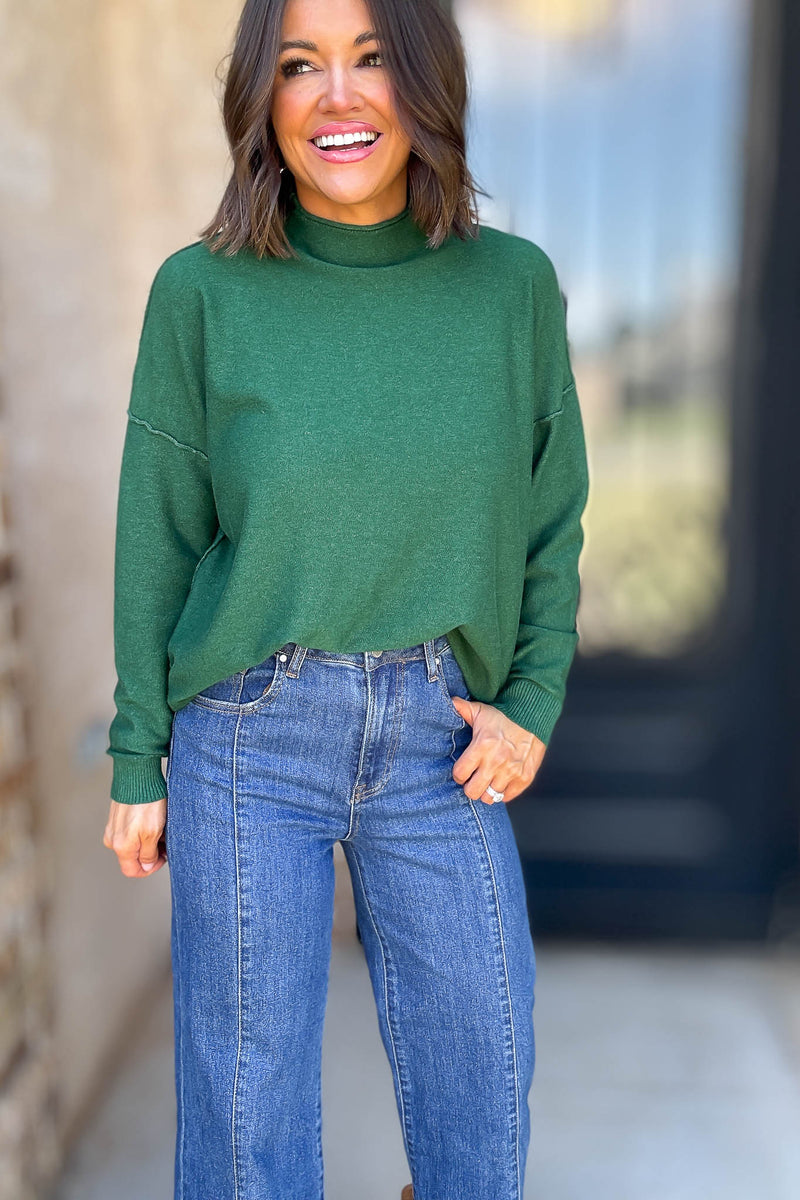 Viscose Heathered Dark Green Mock Neck Exposed Seam Sweater