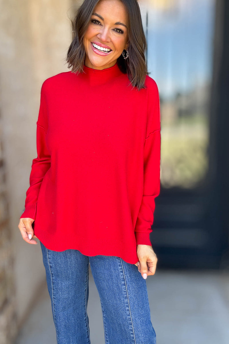 Viscose Ruby Mock Neck Exposed Seam Sweater