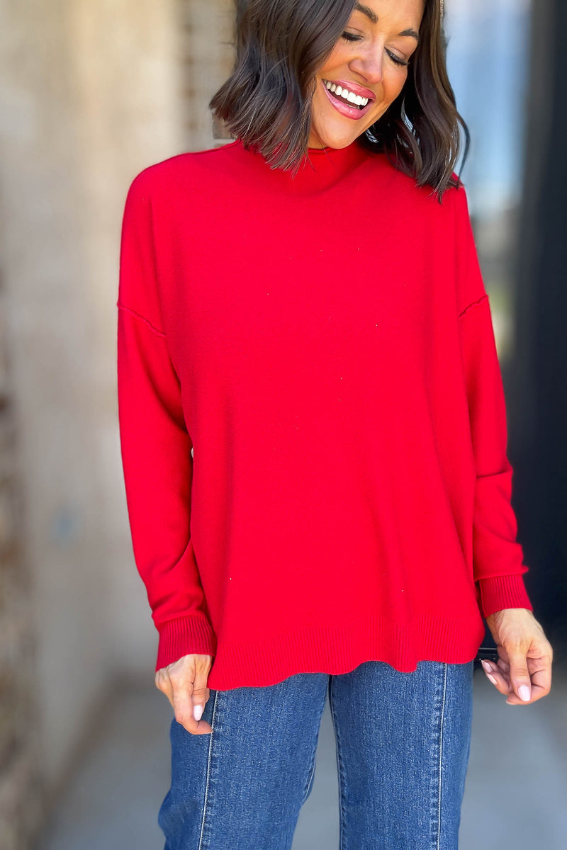 Viscose Ruby Mock Neck Exposed Seam Sweater