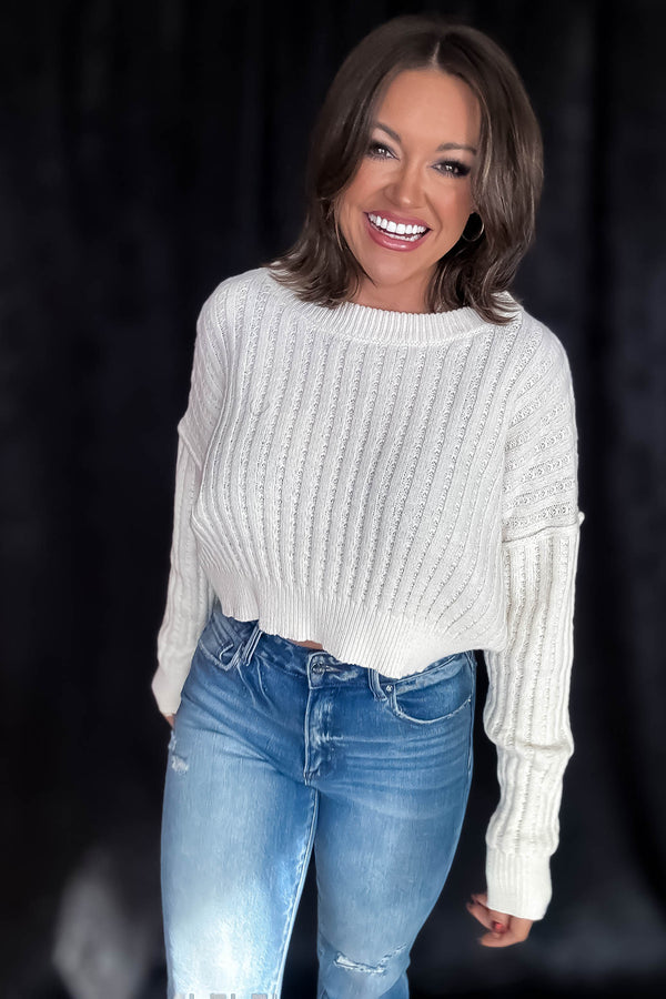 Cropped Cream Ribbed Long Sleeve Knit Sweater