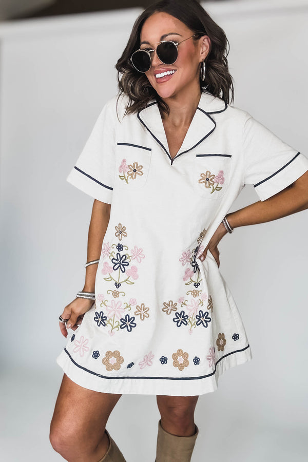Oatmeal Linen Mix Embroidered Contrast Binding Dress