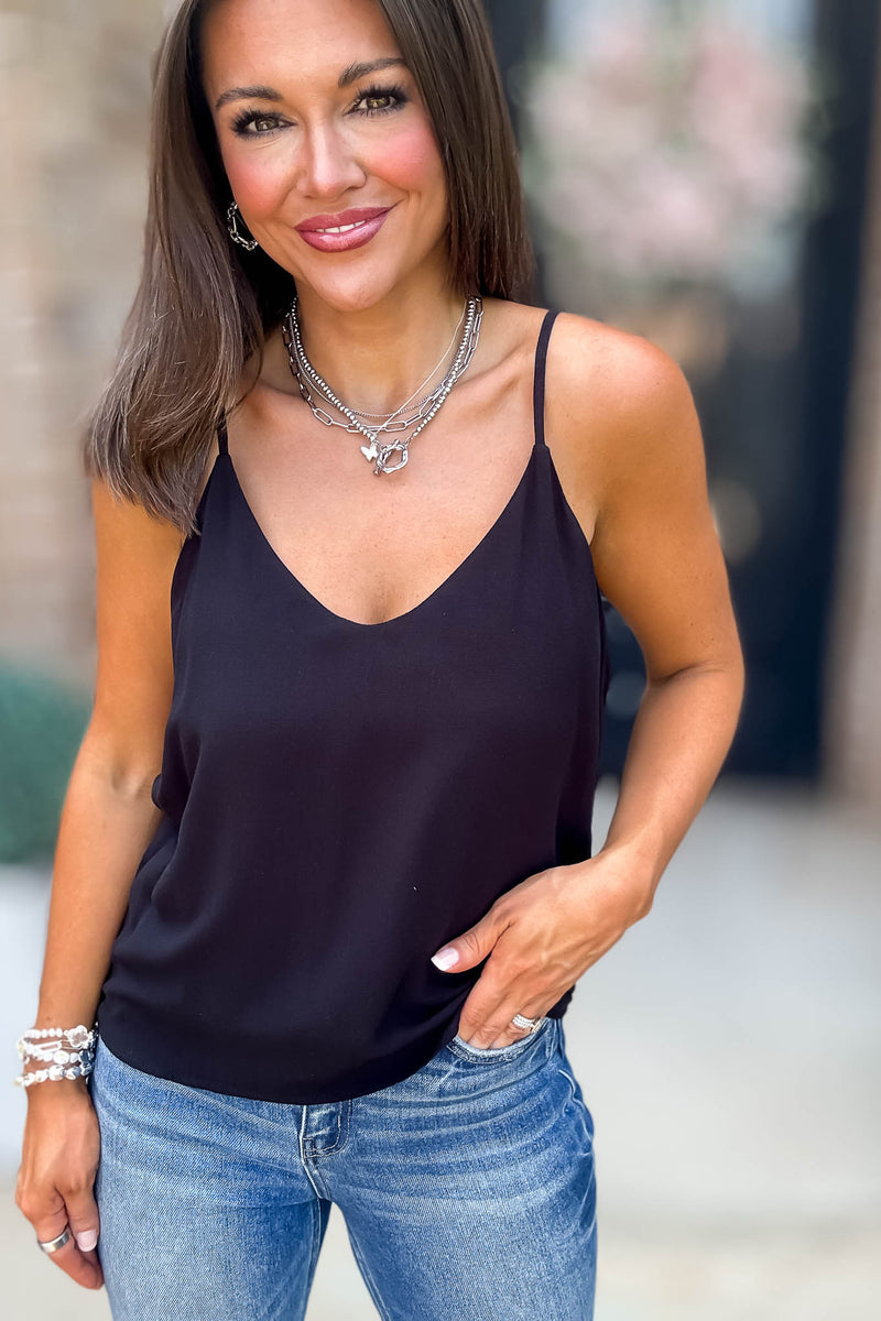Have Faith Black Two Layered Rayon Slub Woven Cropped Camisole