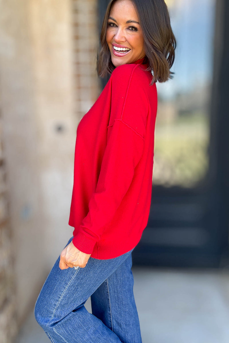 Viscose Ruby Mock Neck Exposed Seam Sweater