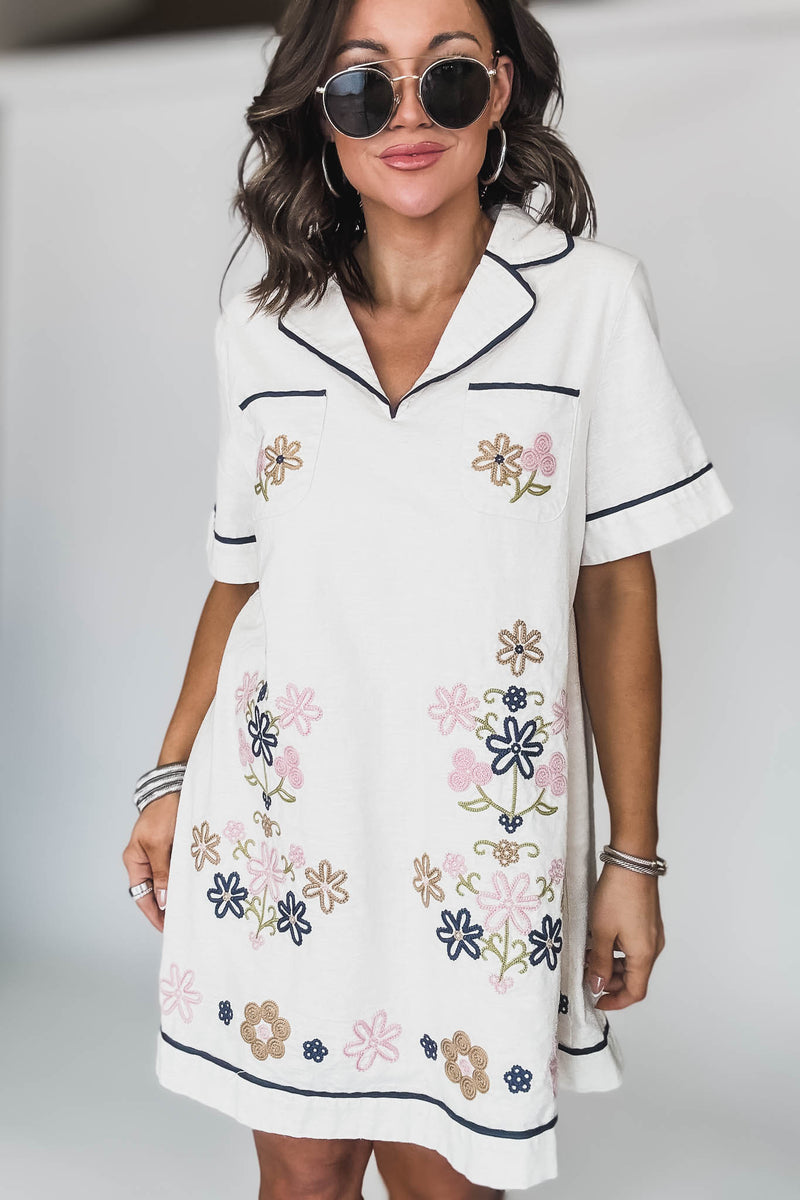 Oatmeal Linen Mix Embroidered Contrast Binding Dress