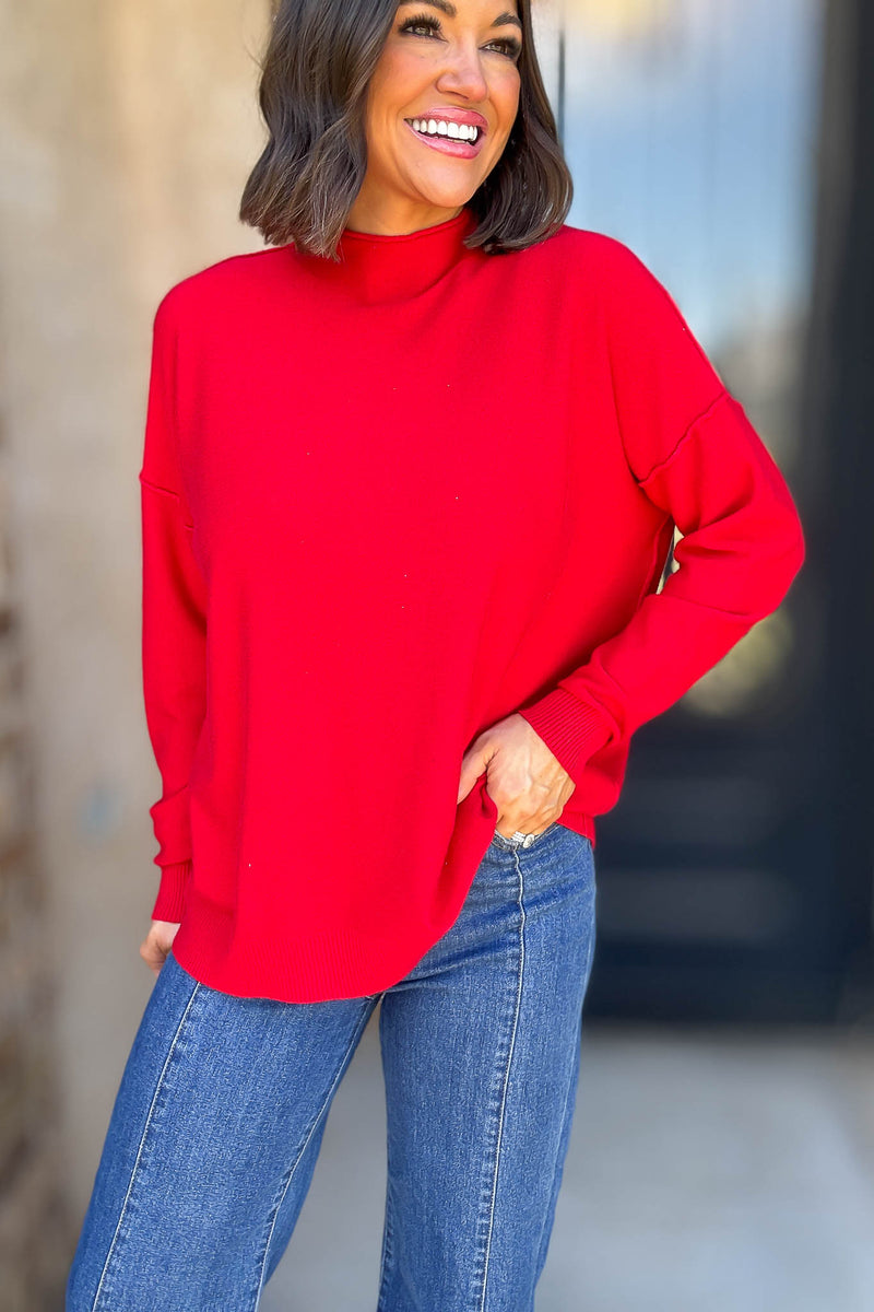 Viscose Ruby Mock Neck Exposed Seam Sweater