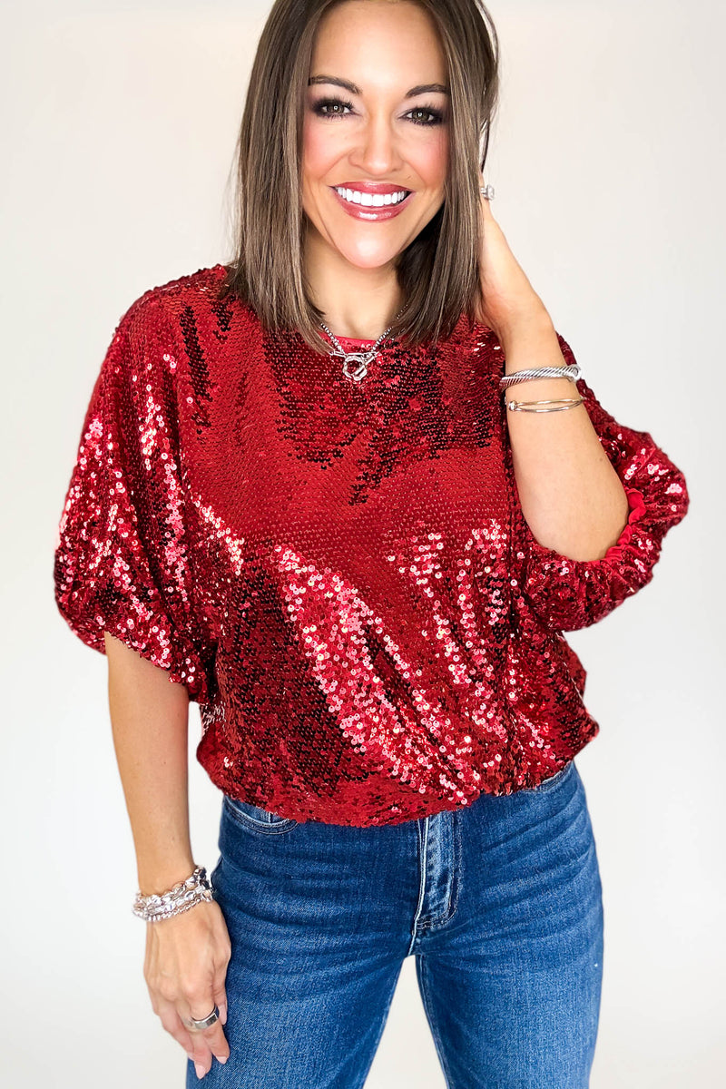 Red Cap Sleeve Sequin Top