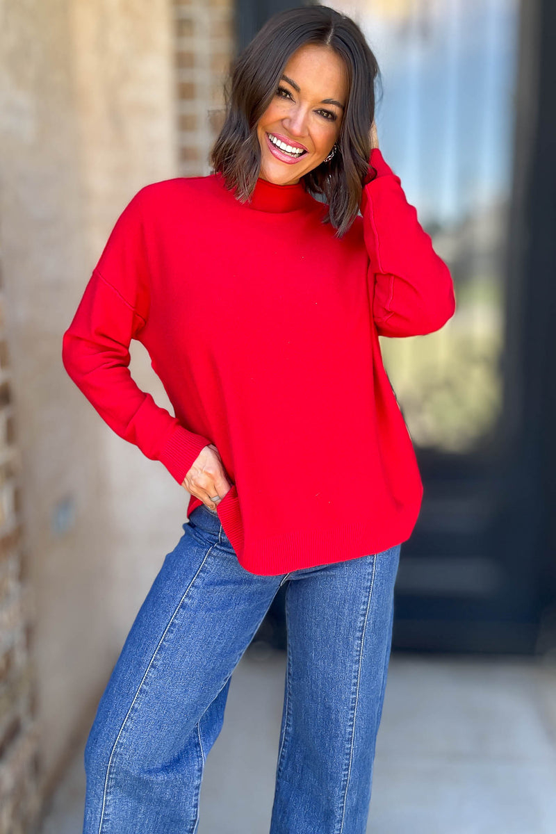 Viscose Ruby Mock Neck Exposed Seam Sweater