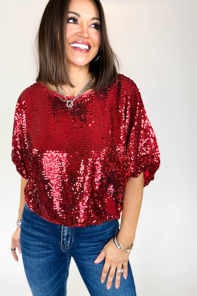 Red Cap Sleeve Sequin Top