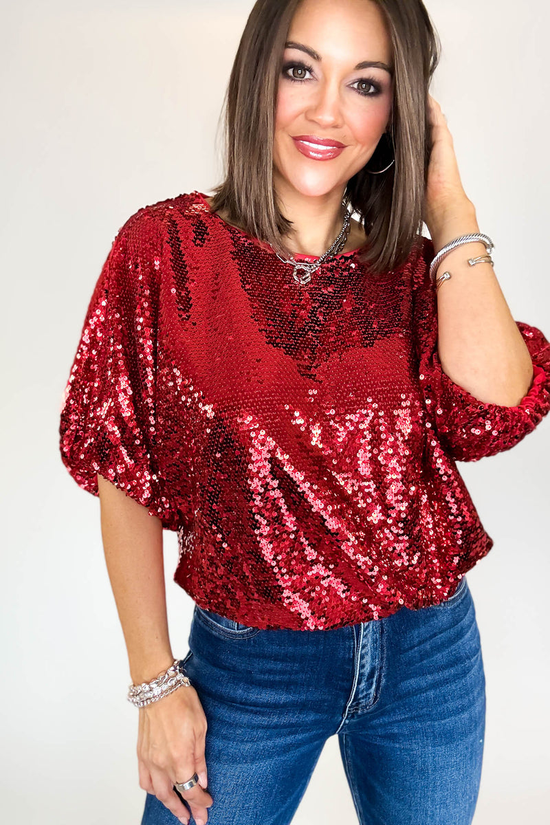 Red Cap Sleeve Sequin Top