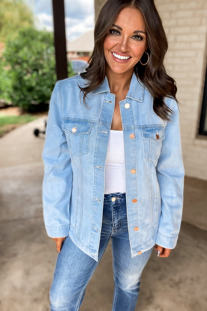 On The Patio Light Stone Wash Oversized Denim Jacket