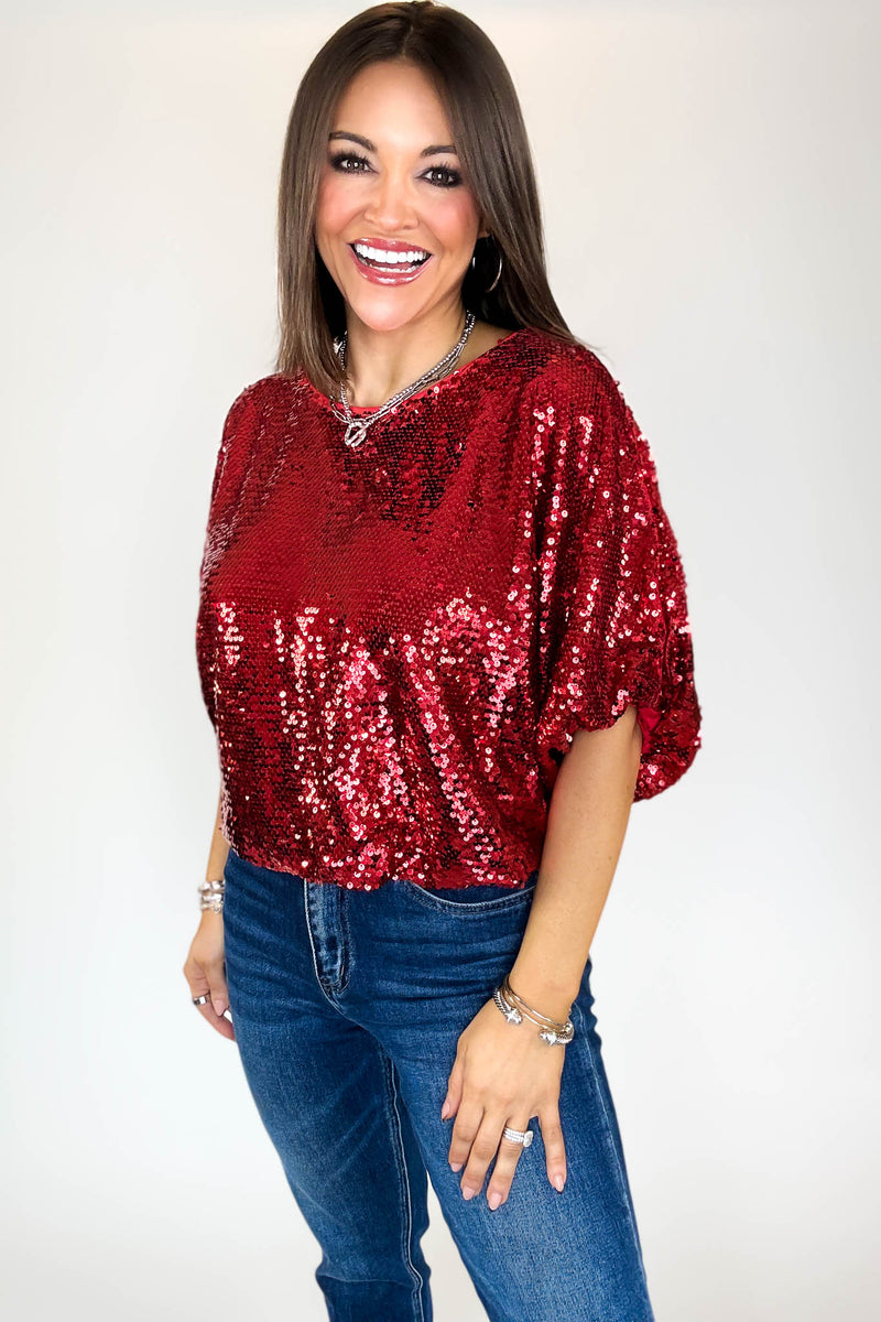 Red Cap Sleeve Sequin Top