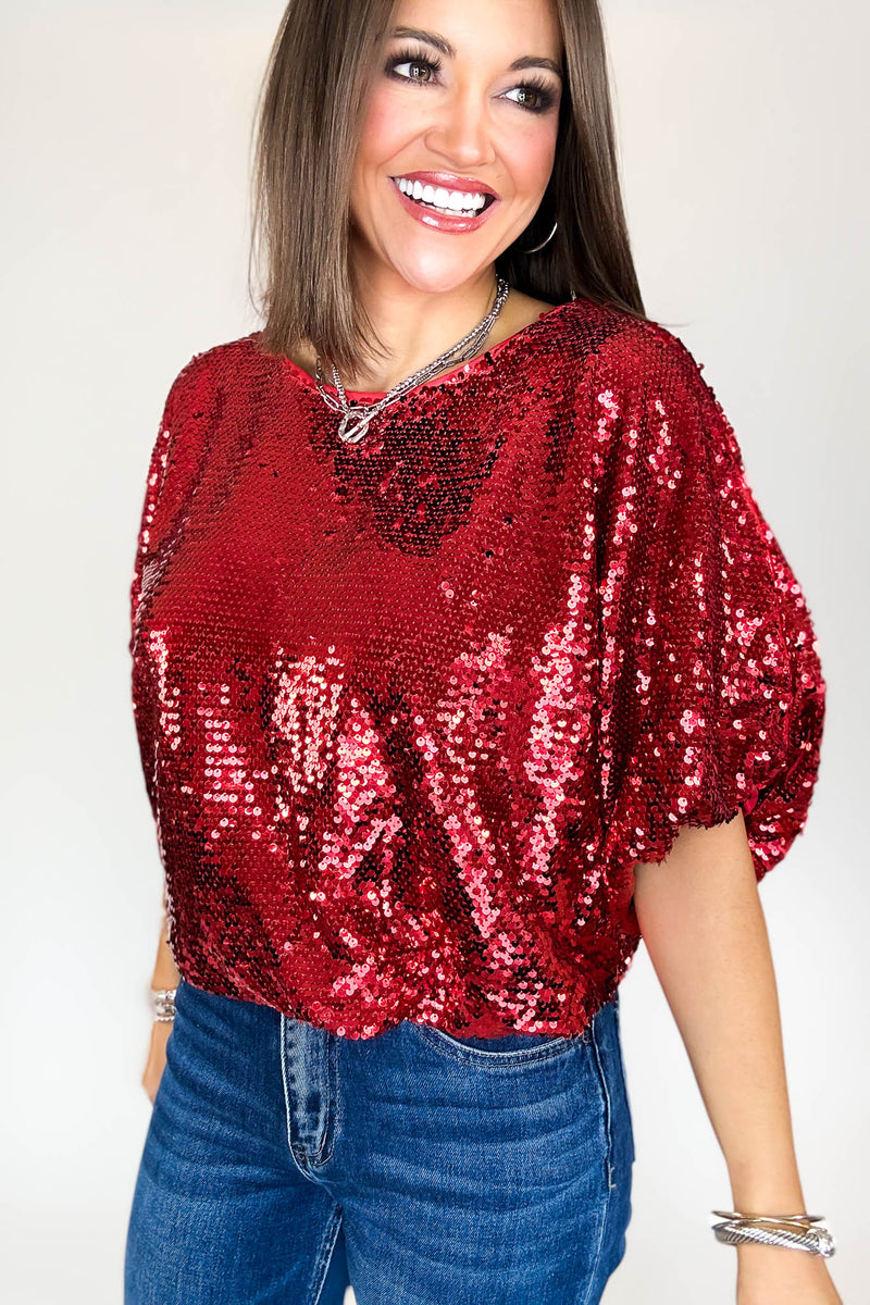 Red Cap Sleeve Sequin Top