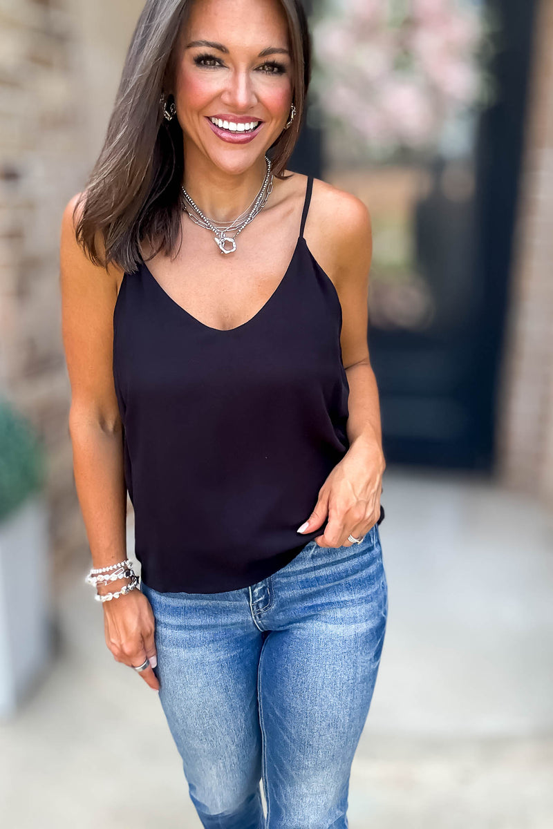 Have Faith Black Two Layered Rayon Slub Woven Cropped Camisole