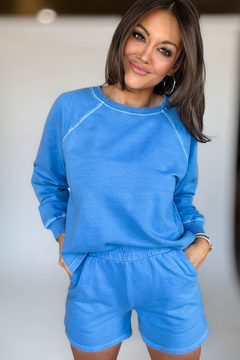 French Terry Classic Blue Pigment Dye And Enzyme Wash Shorts
