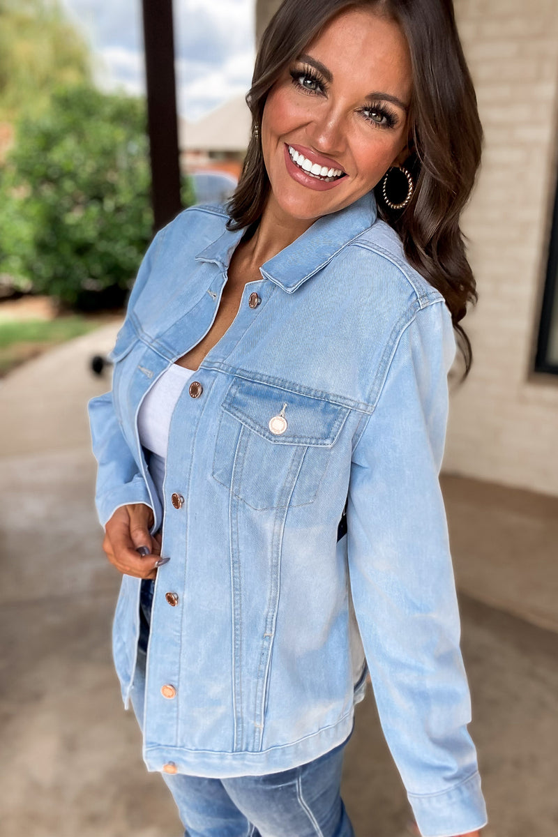 On The Patio Light Stone Wash Oversized Denim Jacket