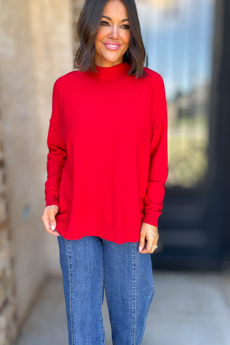 Viscose Ruby Mock Neck Exposed Seam Sweater