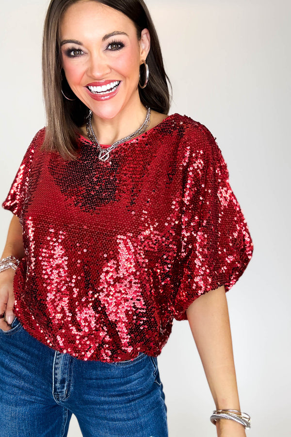 Red Cap Sleeve Sequin Top