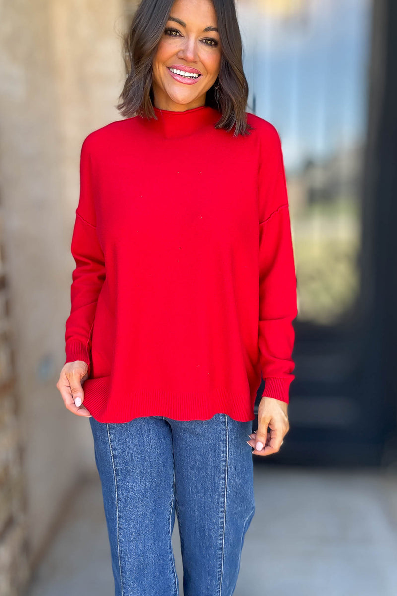 Viscose Ruby Mock Neck Exposed Seam Sweater
