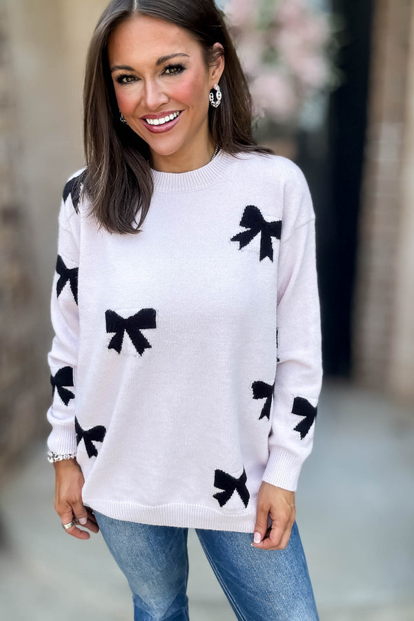 Baby Pink Bow Pattern Long Sleeve Sweater Top
