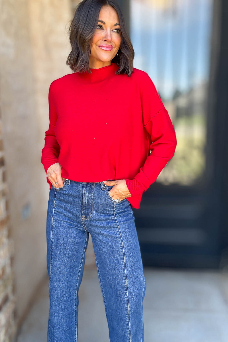 Viscose Ruby Mock Neck Exposed Seam Sweater