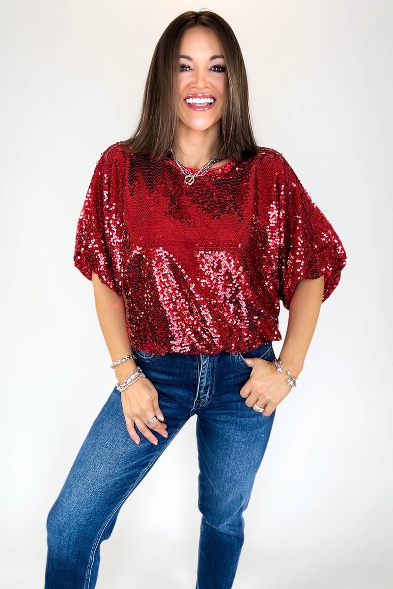 Red Cap Sleeve Sequin Top
