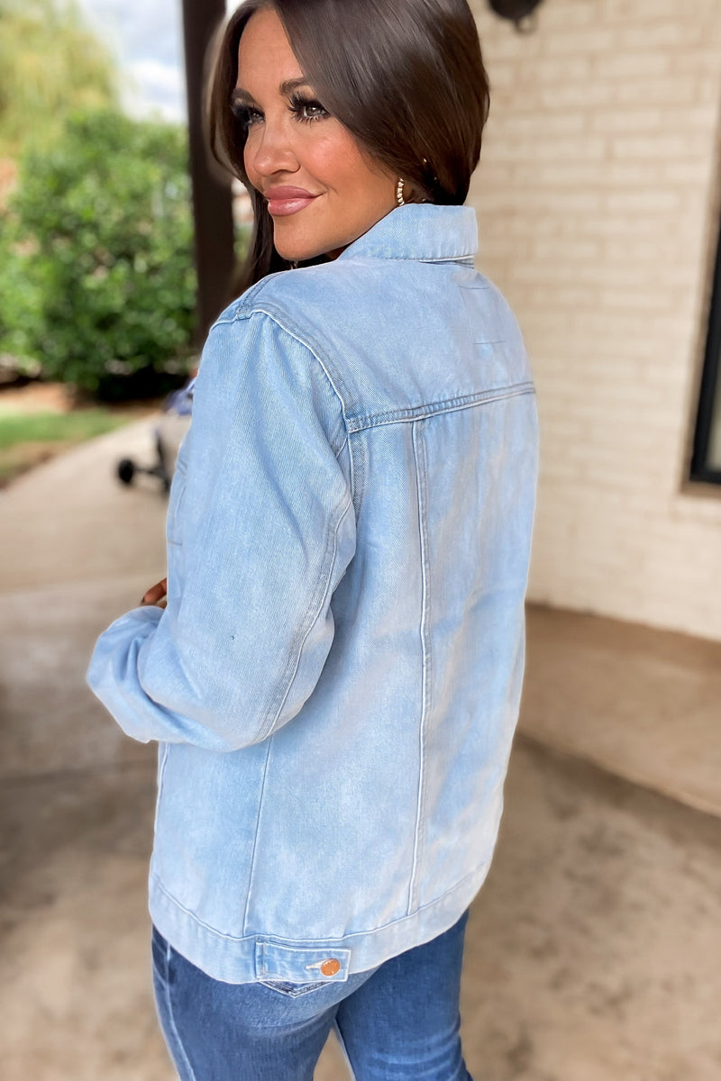 On The Patio Light Stone Wash Oversized Denim Jacket