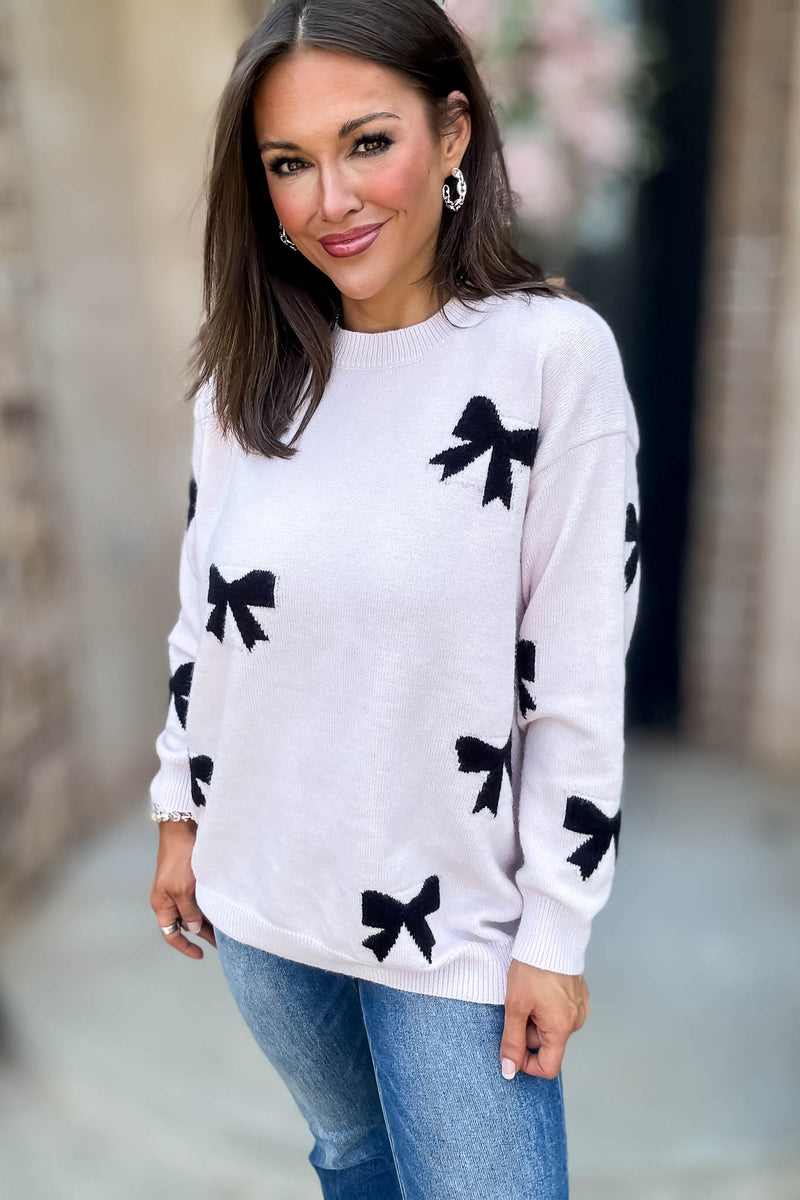 Baby Pink Bow Pattern Long Sleeve Sweater Top