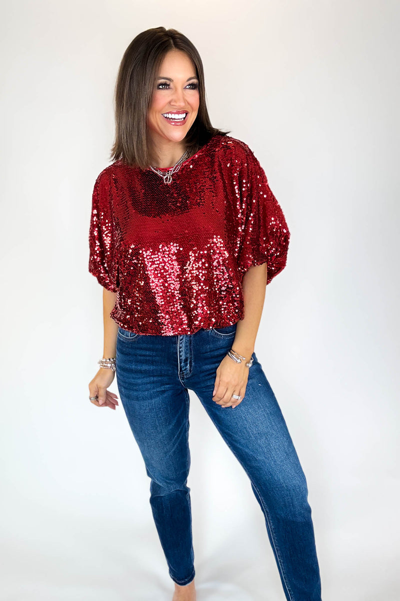 Red Cap Sleeve Sequin Top