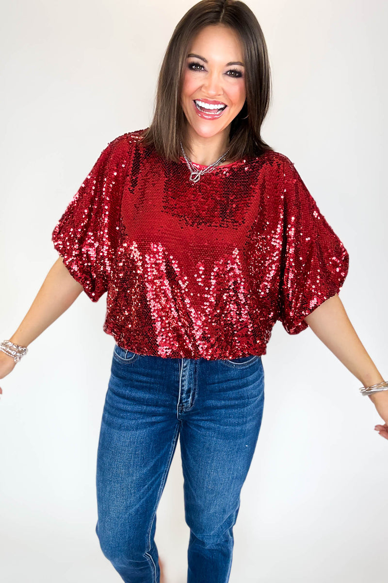 Red Cap Sleeve Sequin Top