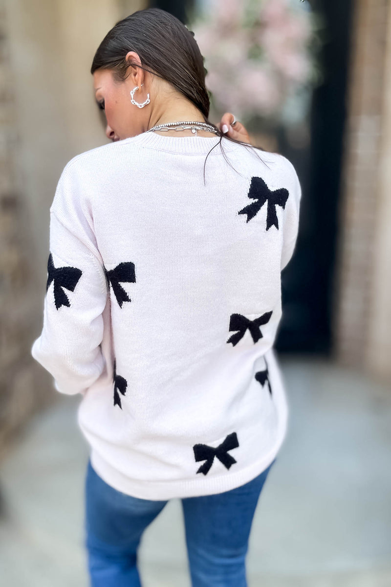 Baby Pink Bow Pattern Long Sleeve Sweater Top