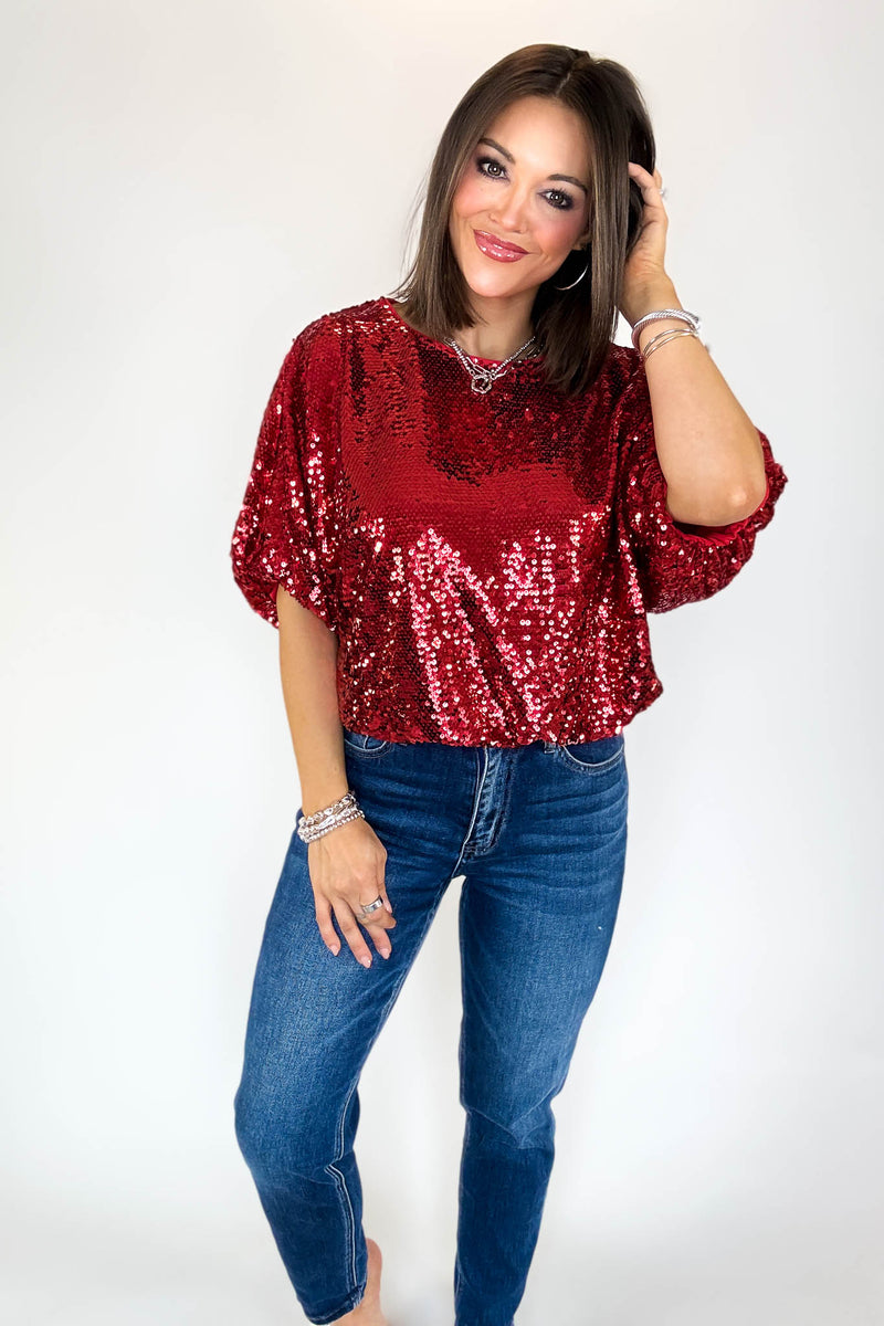Red Cap Sleeve Sequin Top