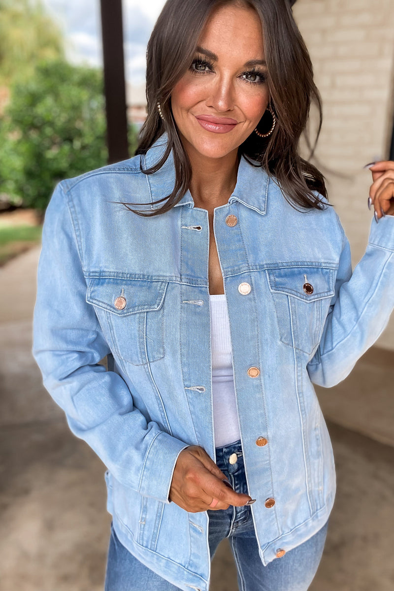 On The Patio Light Stone Wash Oversized Denim Jacket