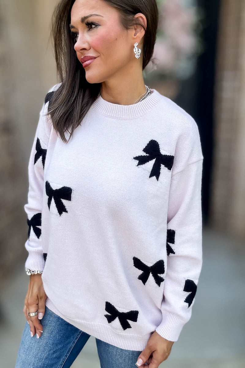 Baby Pink Bow Pattern Long Sleeve Sweater Top