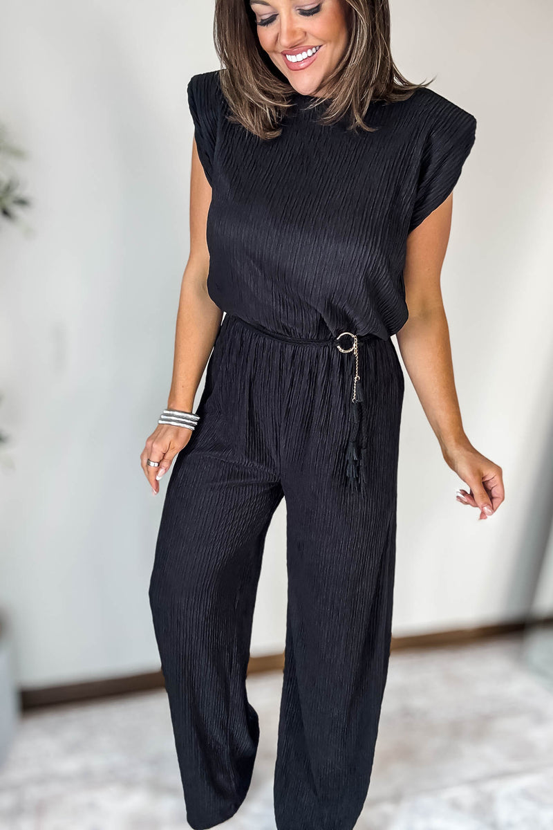 Crinkled Black Plisse Belt Tie Shoulder Pads Jumpsuit