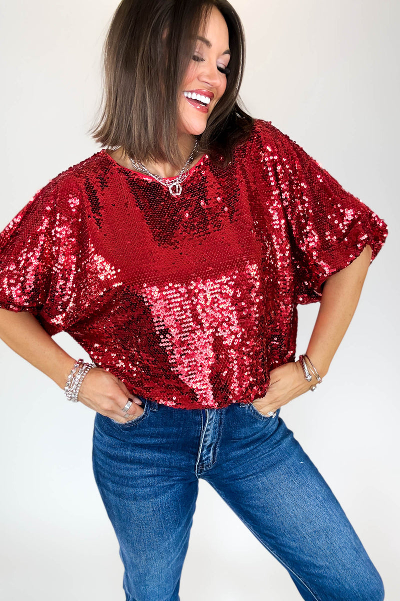 Red Cap Sleeve Sequin Top