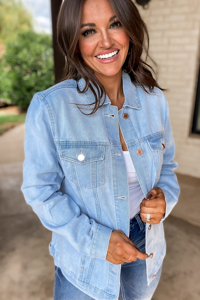 On The Patio Light Stone Wash Oversized Denim Jacket