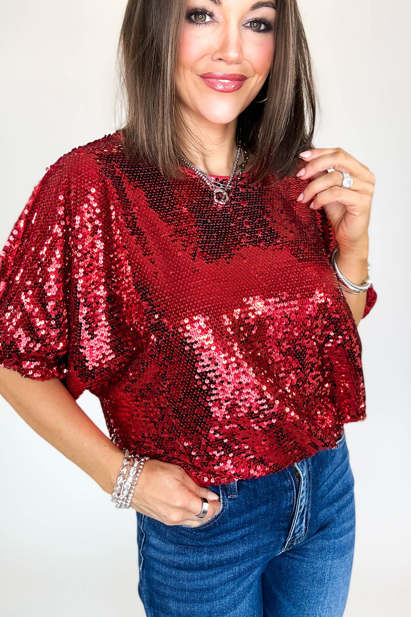 Red Cap Sleeve Sequin Top
