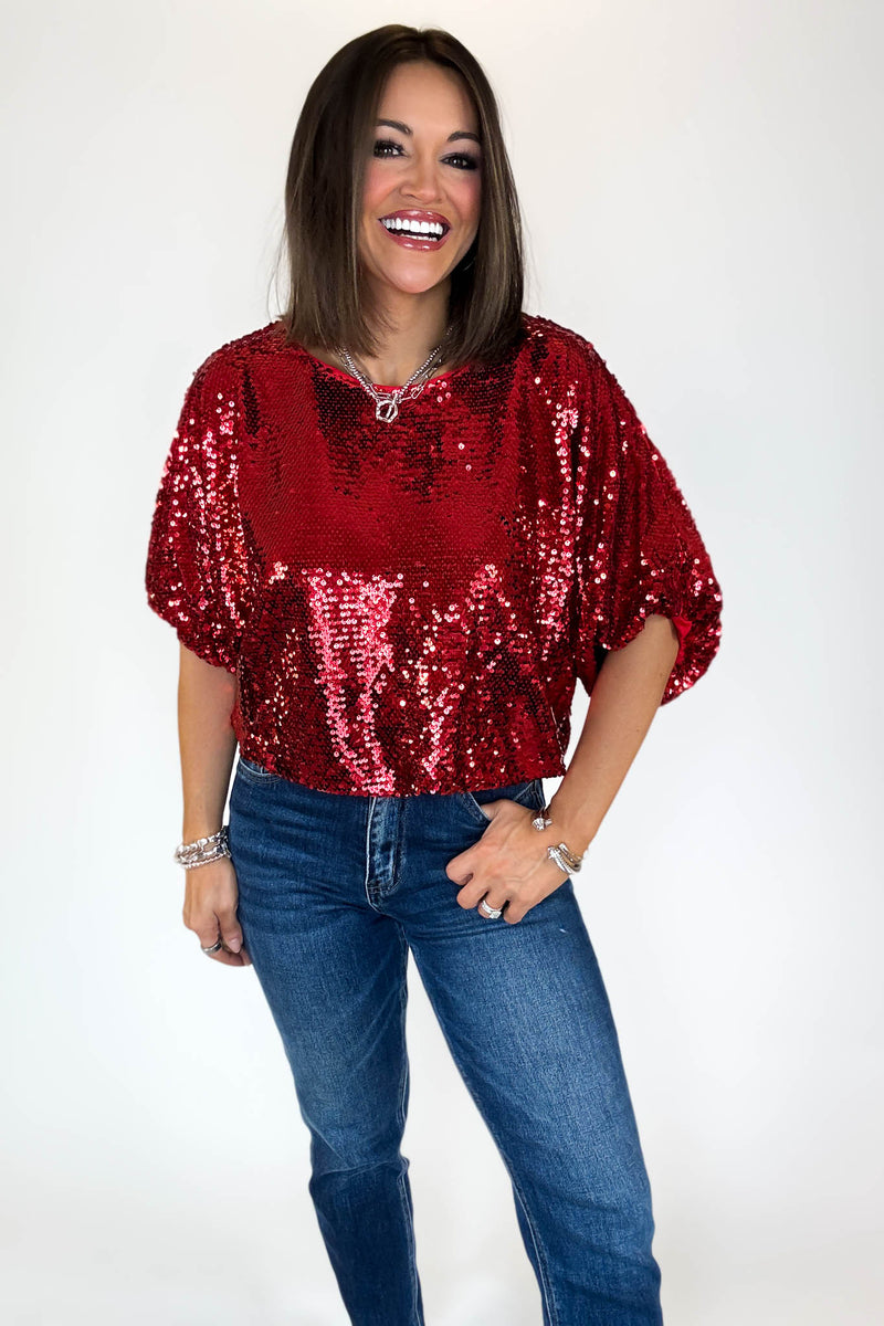 Red Cap Sleeve Sequin Top