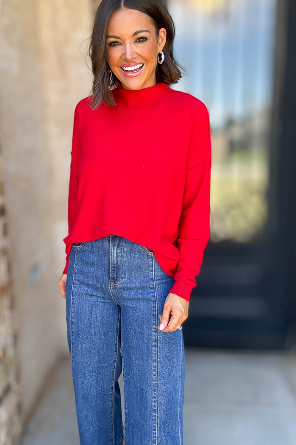 Viscose Ruby Mock Neck Exposed Seam Sweater