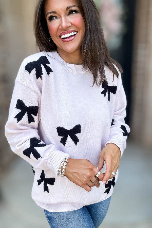 Baby Pink Bow Pattern Long Sleeve Sweater Top