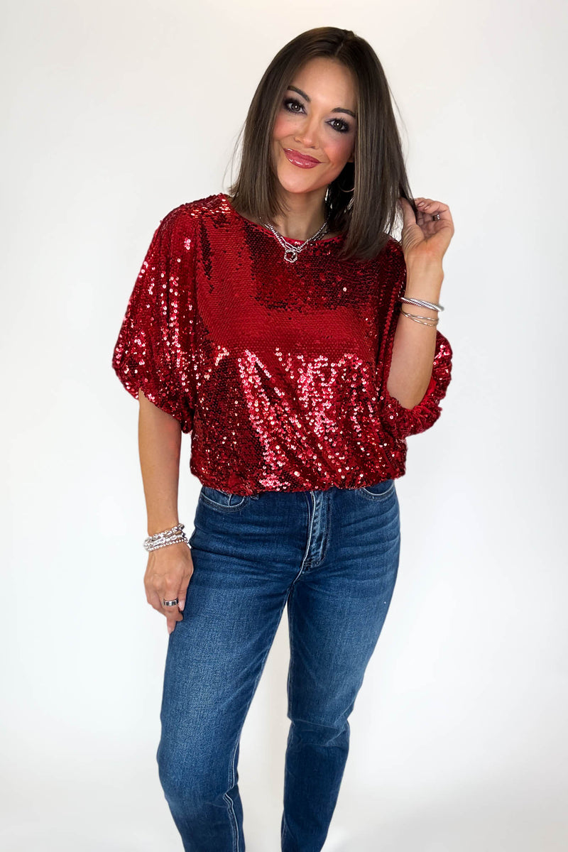 Red Cap Sleeve Sequin Top